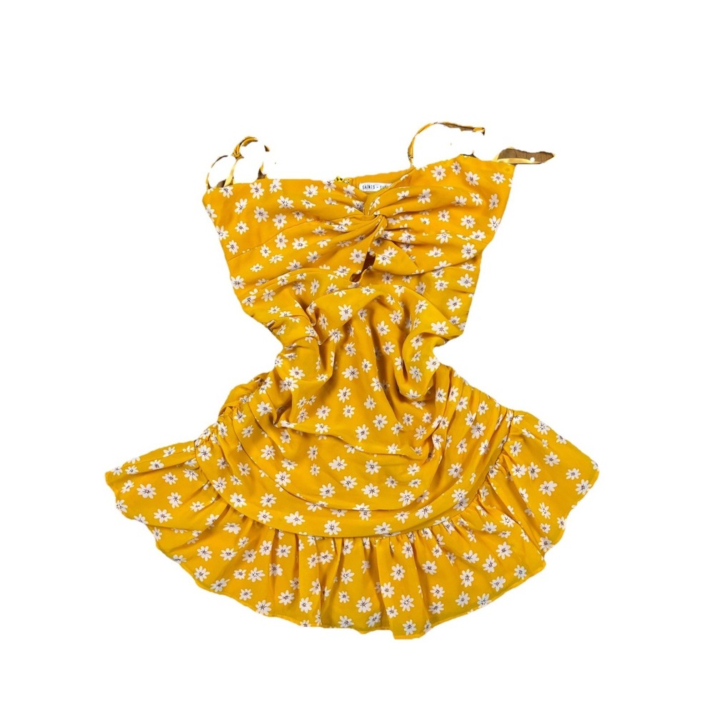 Saints + Secrets Yellow Floral Mini Dress Ruched Cutout Ruffle Hem Size L Y2K - Picture 1 of 4